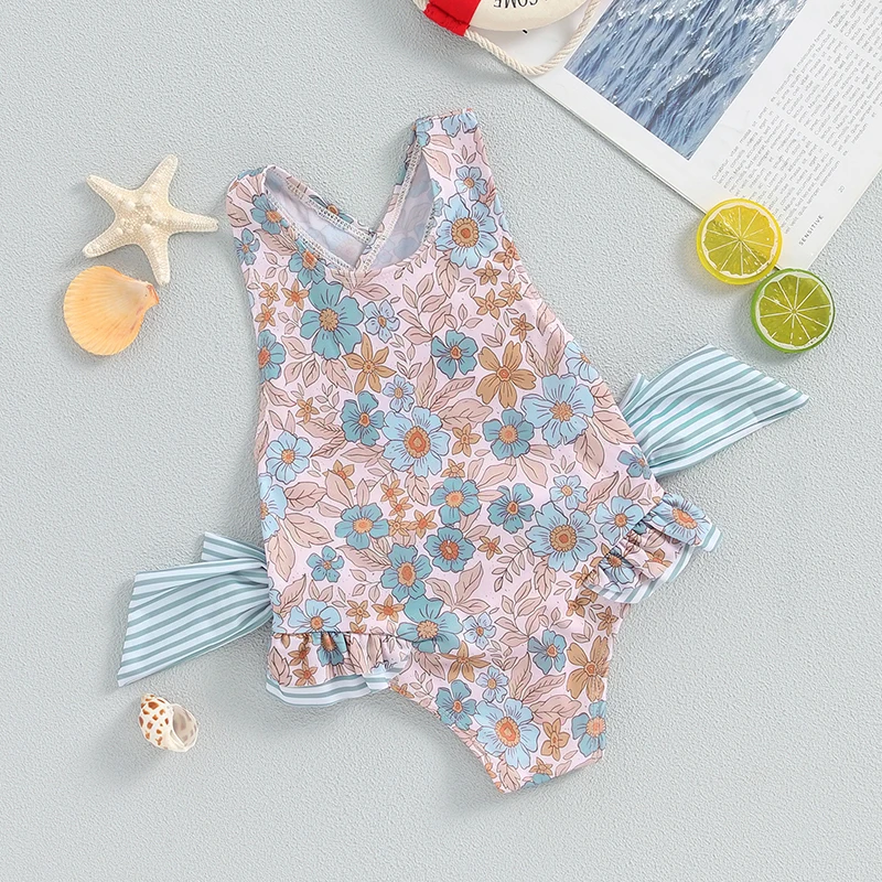 Toddler Girl Swimsuit Floral Print Bow Straps Sleeveless Ruffles  Swimsuit Girls Baby Bathing Suit Girl