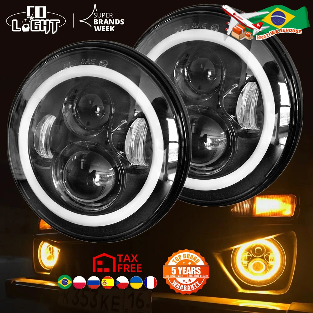 CO LIGHT 7 Inch Led Headlight H4 DRL Round 7'' Headlights with Yellow & White Angel Eye for Jeep Wrangler Lada Niva 4x4 50W 30W