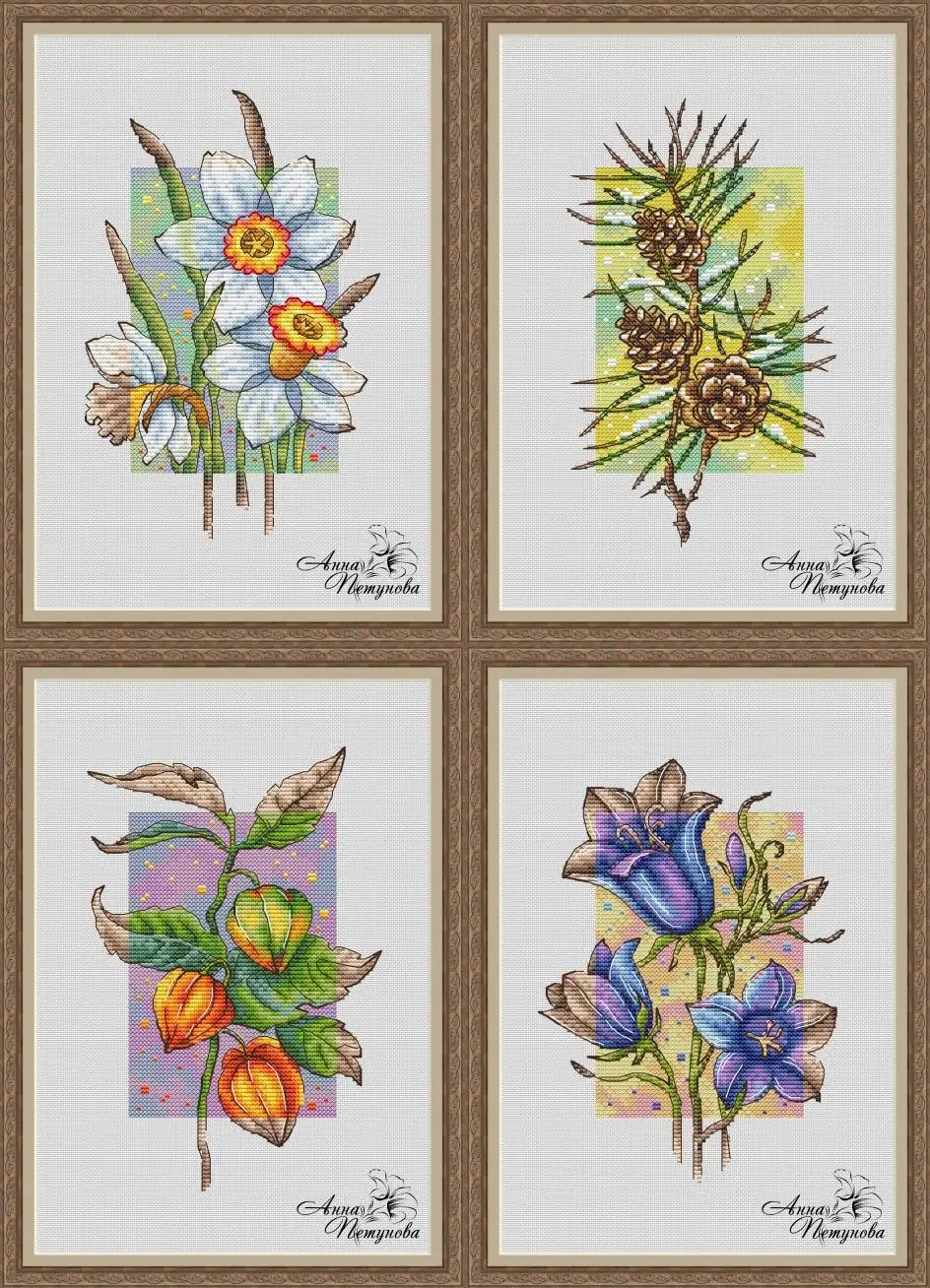 Four Seasons Flower Style Cross Stitch Set, Cross-Stitch Kit, Embroidery Needlework, Craft Packages, Cotton Fabric Floss