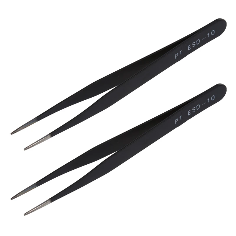 2X Black Metal Straight Sharp Tip Tweezer