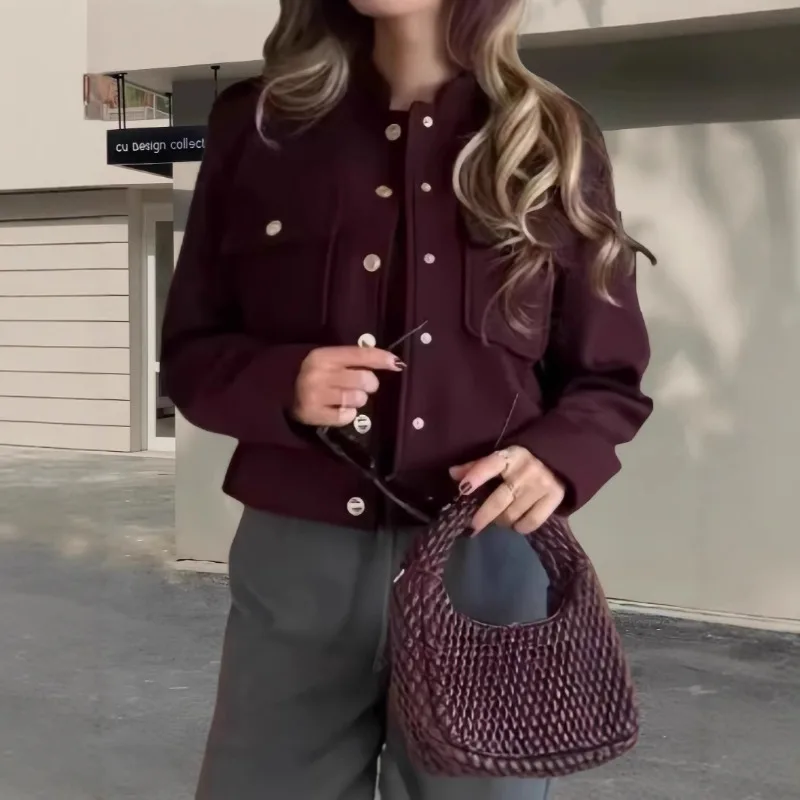 

Ele Women's Burgundy Cropped Jacket Female Stand Collar Single Breasted Full Sve Pocket Coat 2025 Autumn Lady Outwear New