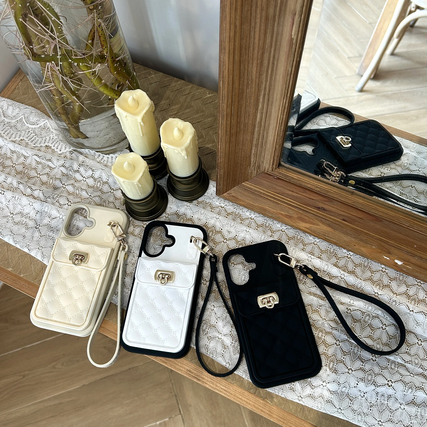 Luxury Quilted Silicone Wallet Phone Case For iPhone 16 16Plus 17 18 Pro Max Card Holder Wrist Strap Shockproof Soft Back Cover