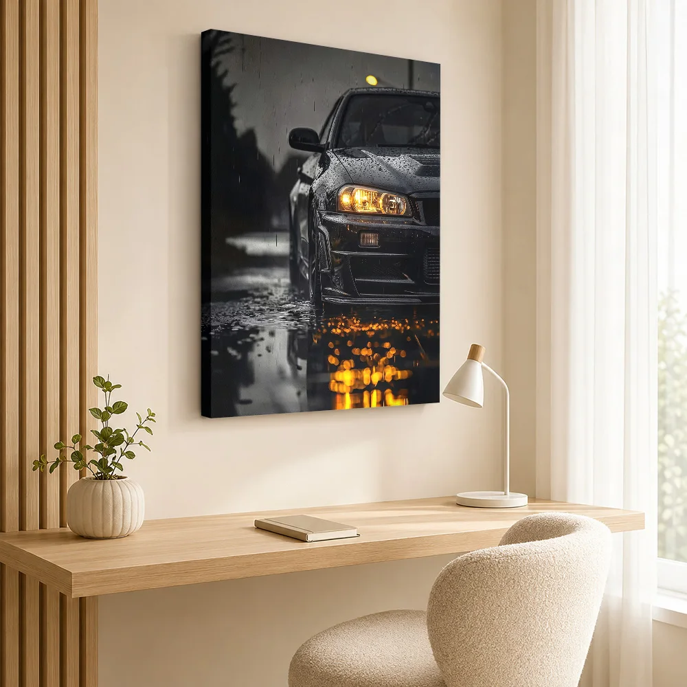 Close up Black Sports r34 gtr car in the rain Canvas Print Poster Custom Retro Automotive Wall Paintings Decoration for Garage