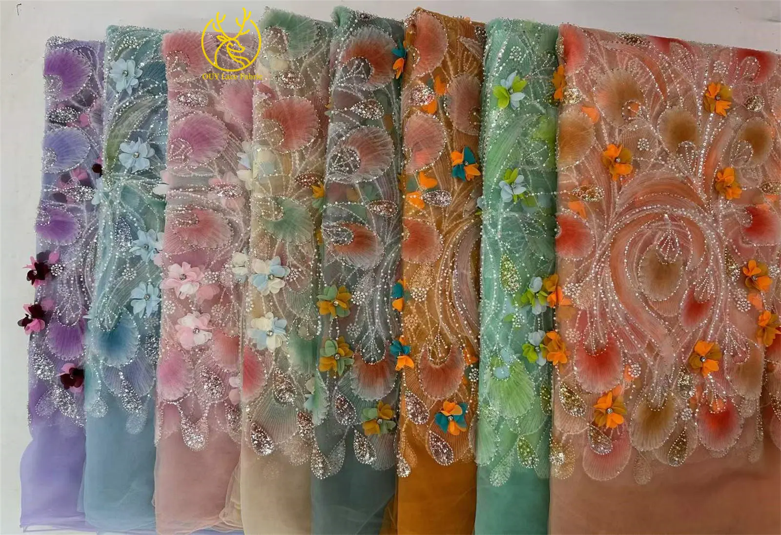 Eleganter 3D-Blumen-Afrikanischer Perlen-Spitzenstoff 2026 Französischer Nigerianischer Pailletten-Tüll-Spitzenstoff für Party- und Hochzeitskleider 5 Yards – Detail 3