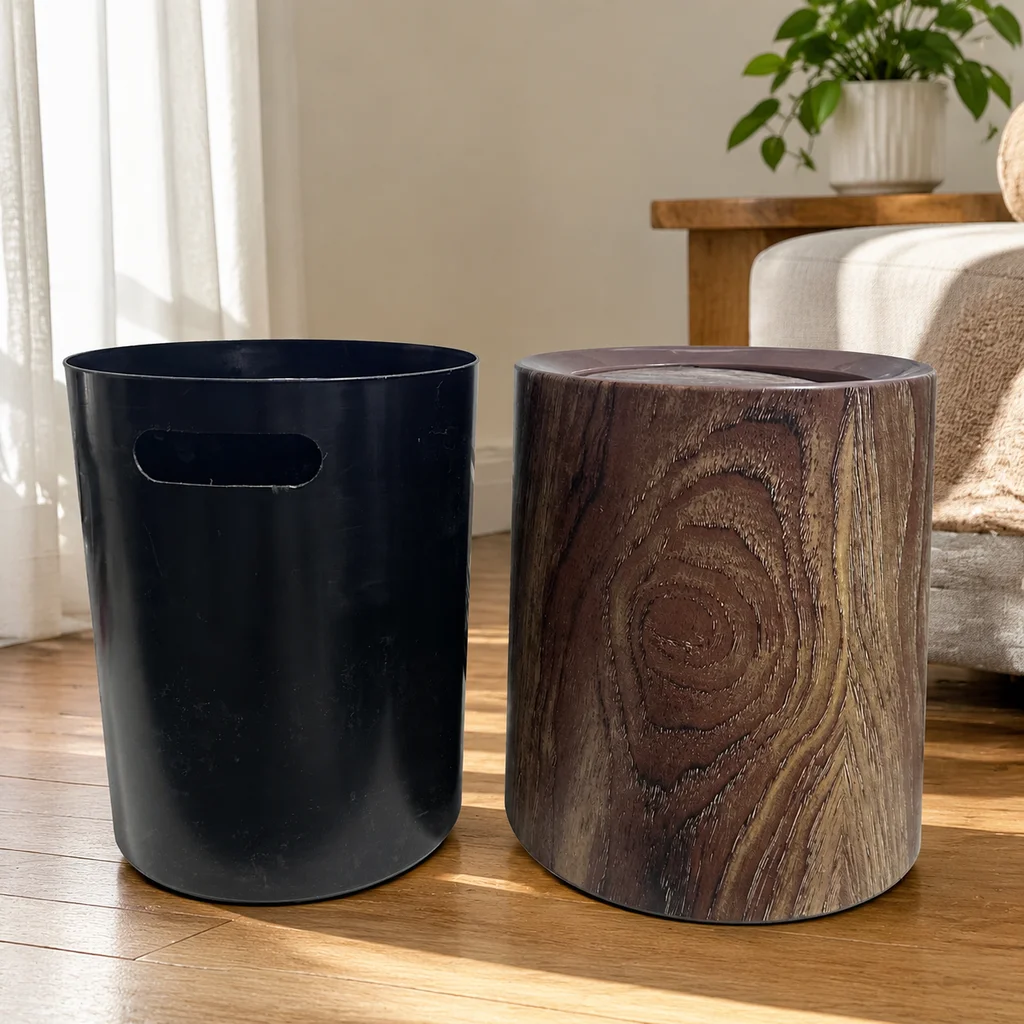 Vintage Wood‑Grain Decorative Trash Bin, Swing‑Top Lidded Plastic Waste Can, Household Garbage Container with Inner Bucket for Bathroom Vanity