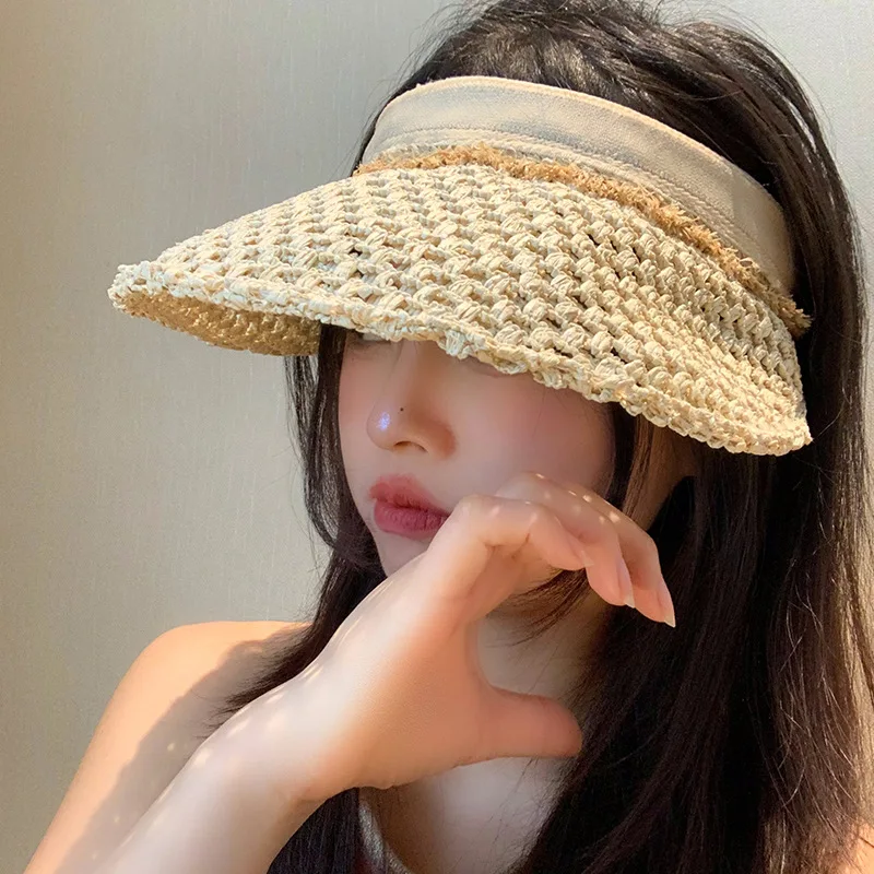 Straw Empty Top Sun Hats Women Girls Fashion Versatile UV Protection Hollow Out Summer Visors Outdoor Travel Vacation Beach Caps