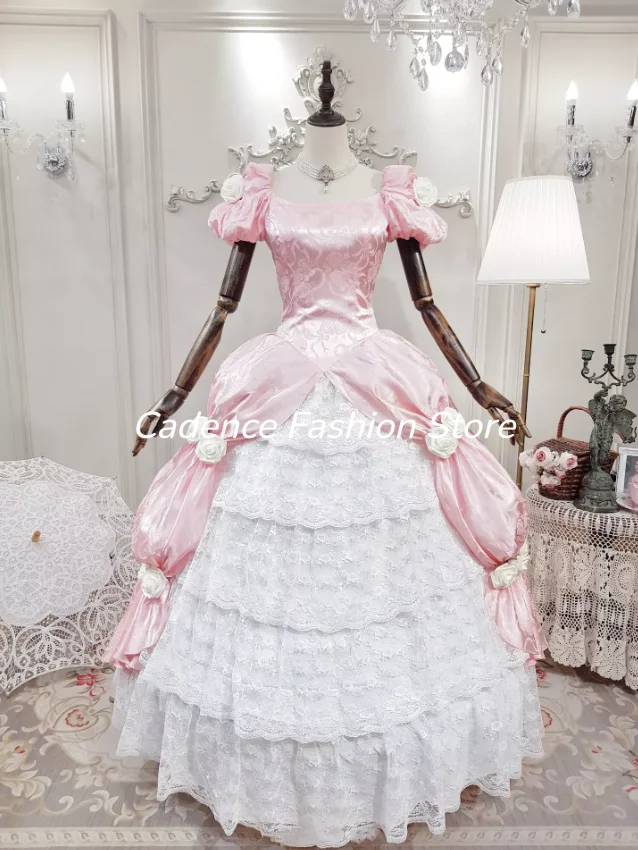 Vintage Victorian Bride Gown Sweet Pink Short-Sleeved Elegant A-line 3D Floral Lace Evening Gown and Wedding Dress Customized