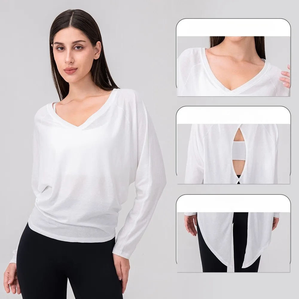 Women Solid Color Yoga Cover Up Loose Long Sleeve Cutout Top Tie Back Breathable Running Fitness T-shirt