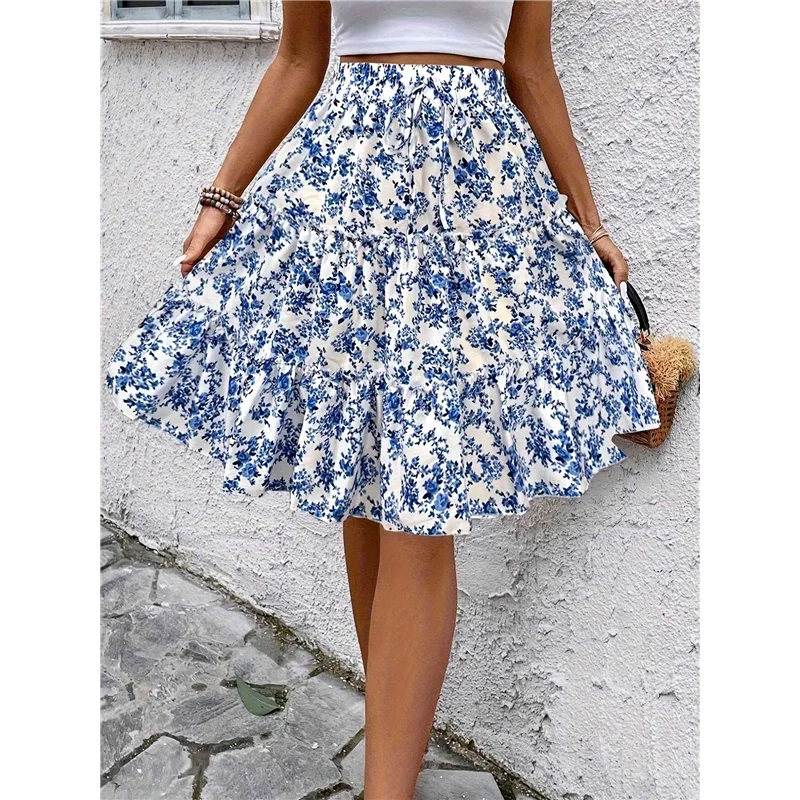 ABP-Women's Floral Print Ruffle Hem Elastic High Waist Tie Front Skirt