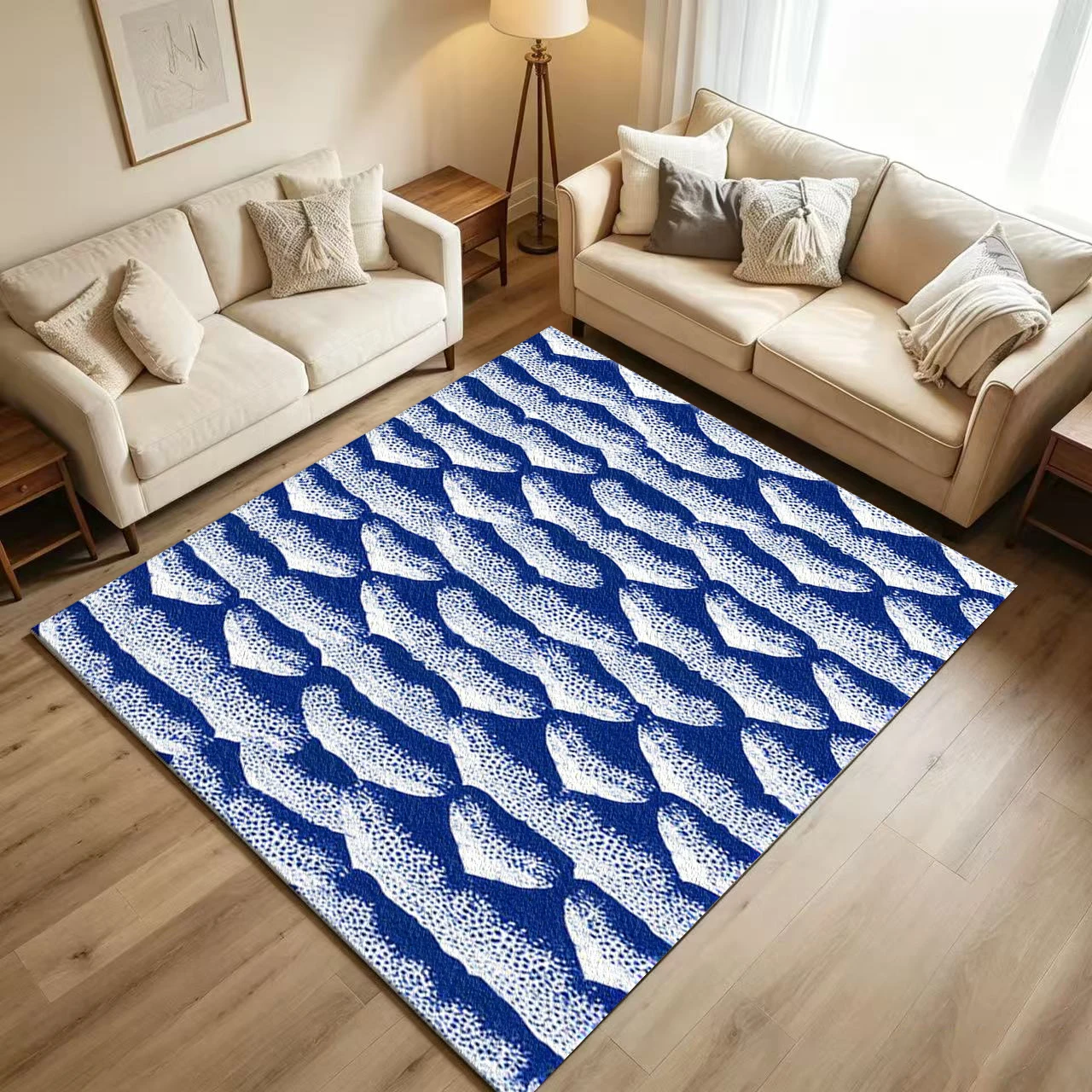 Blue 3D Woven Knit Texture Carpet Flooring, Concave‑Convex Geometric Non‑Slip Area Rug for Living Room Bedroom Indoor Home Decor