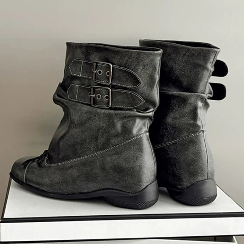 ZAROY Designer Women Ankle Boots Autumn Winter Vintage Punk Buckle Flat Motorcycle Boots Butterfly Knot Modern Chelsea Booties image 4
