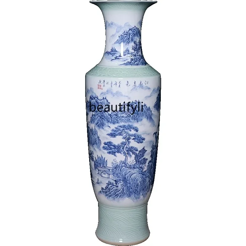 Jingdezhen Ceramics Large Vase Hand Painted Floor Blue and White Porcelain Vase Hand Carved Decorations Living Room Decoration