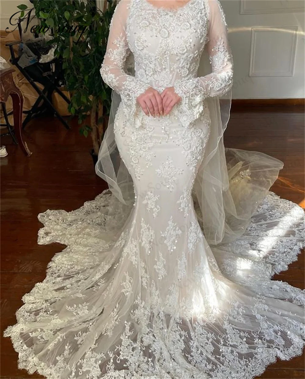 Robe de Mariée Sirène Blanche à Manches sulf, Tenue Musulmane Élégante avec Perles et Appliques, pour Patients