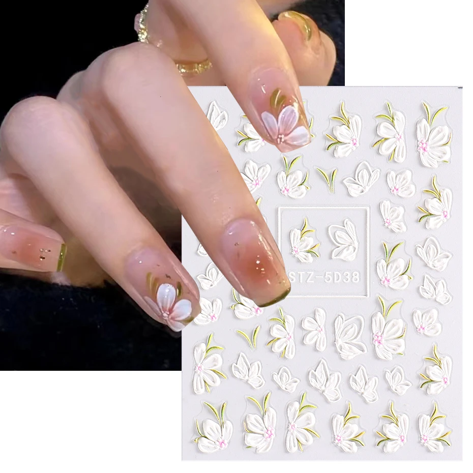 5D White Ice Camellia Carved Design Stickers For Nails Relief Blossoms Bride Sliders Manicure Nail Art Decal Adornment NTSTZ5D38