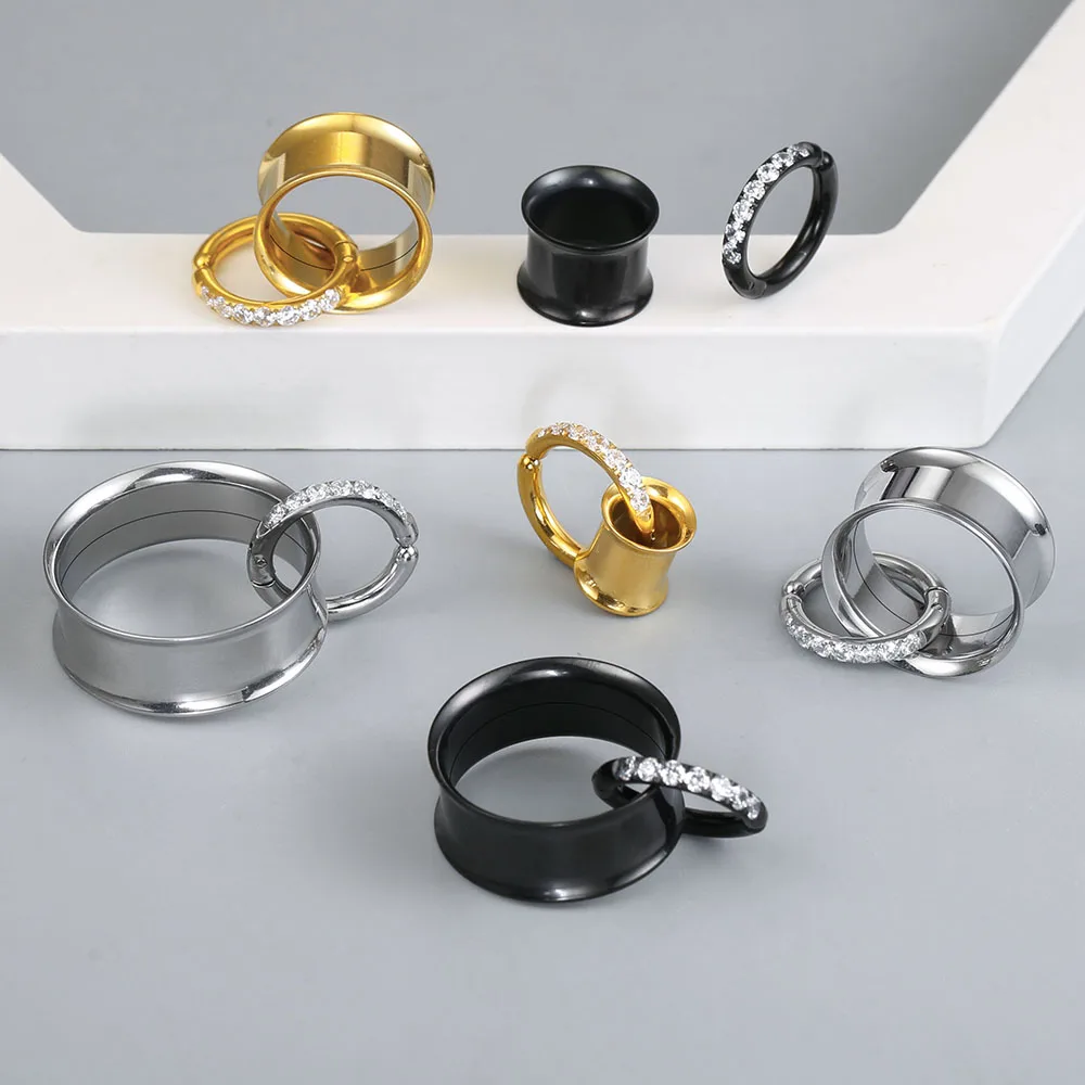 Casvort 2er-Set Edelstahl-Ohr-Tunnel mit Schraubverschluss und Zirkonia-Klappring, Ohr-Plugs, Expander, Piercing-Schmuck – Detail 9