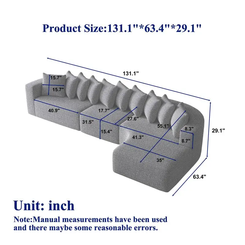 طقم أريكة مقطعية حديثة على شكل حرف L مقاس 131.1 بوصة مع 10 وسائد، تصميم منحني على شكل سحابة لغرفة المعيشة، يمين