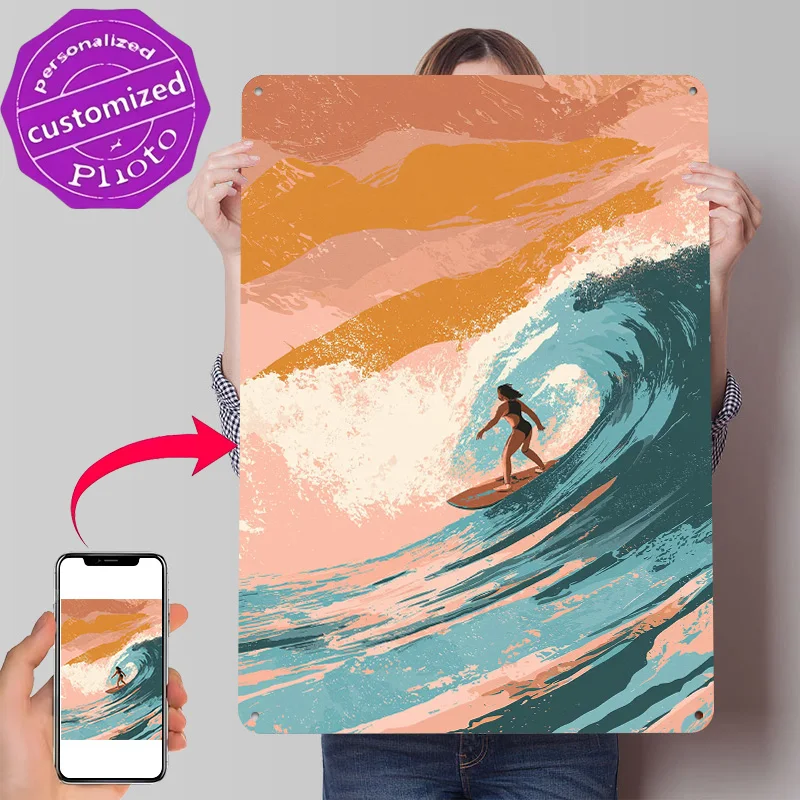Surfer Girl Riding a Big Wave 3D Texture Metal Poster Customized Wall Art Tin Sign Gift for Mancave Home Decor Room Accessories