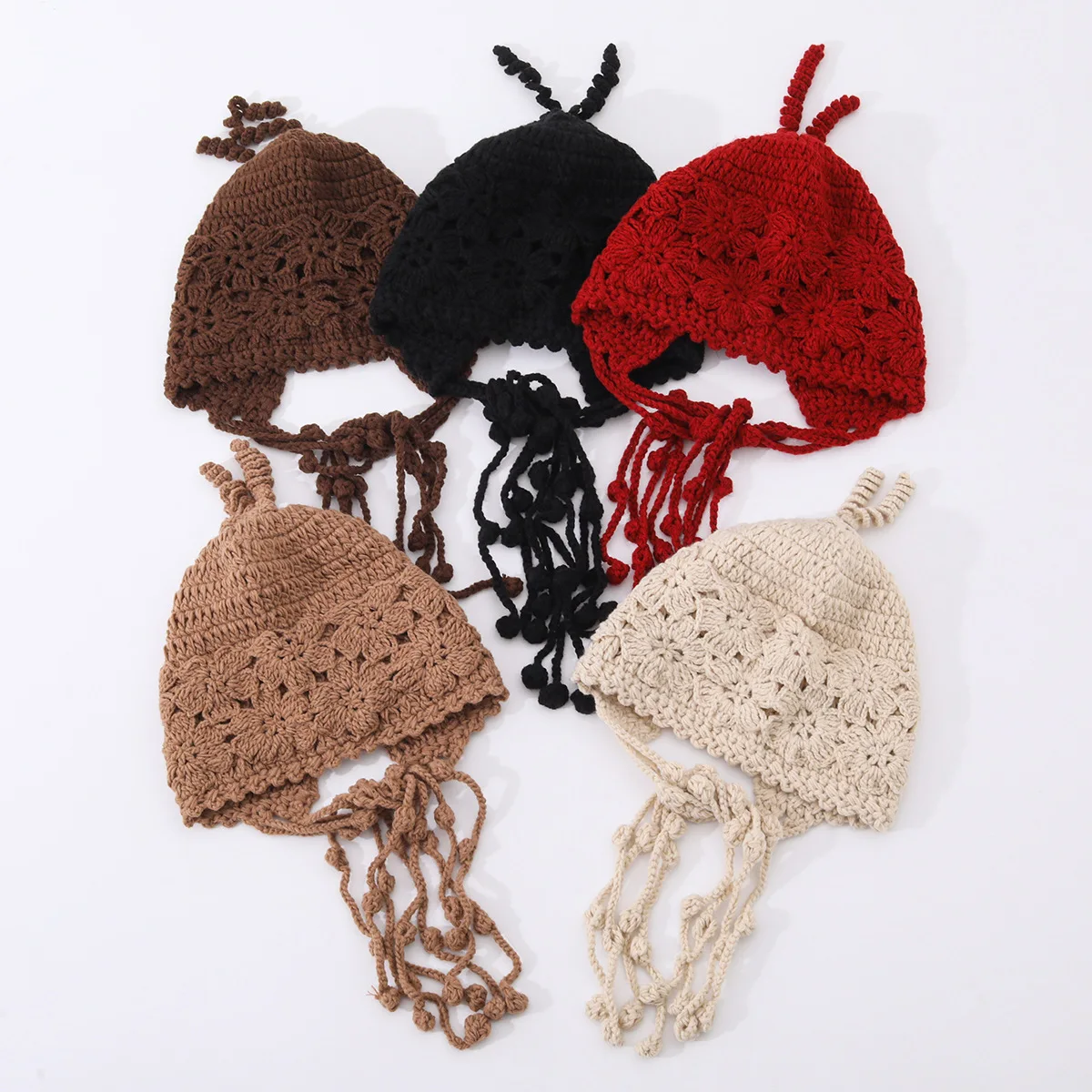 Retro hollowed-out flower-shaped ear cover knitted hat with long tassels, stringed braided fringe, artistic style headband hat