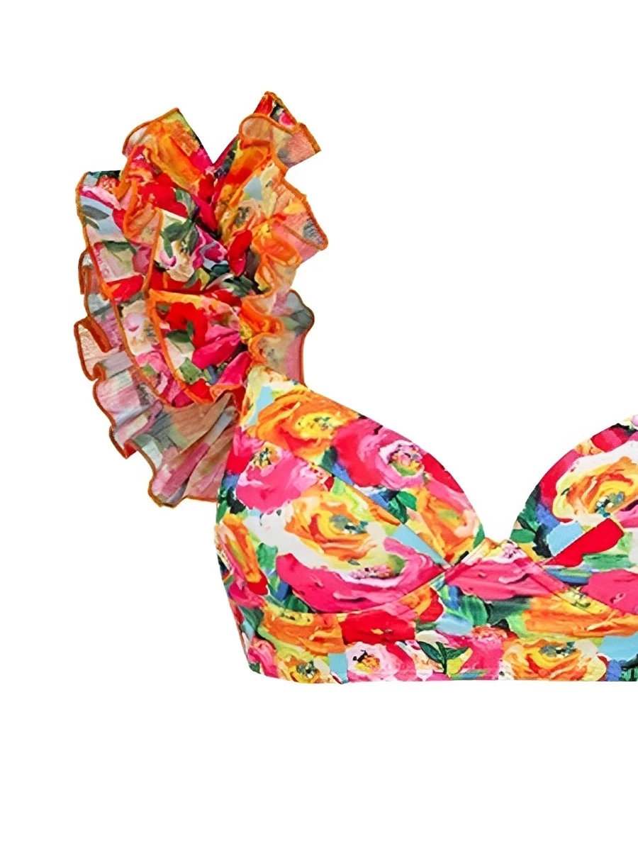 Biquíni feminino babado floral de cintura alta, maiô sexy, moda praia feminina, roupa de banho, banhistas, 2022