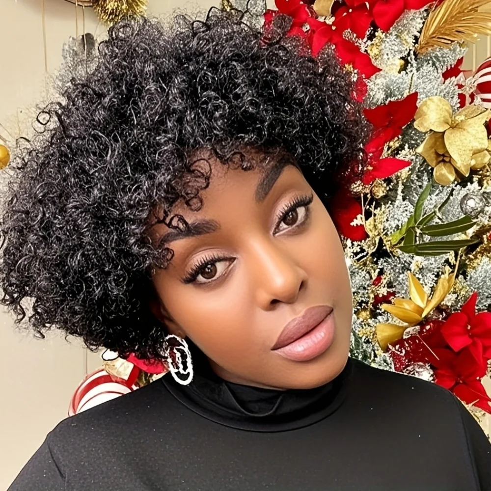 Human Hair Wig Natural Afro Kinky Curly Pixie Cut with Bangs
