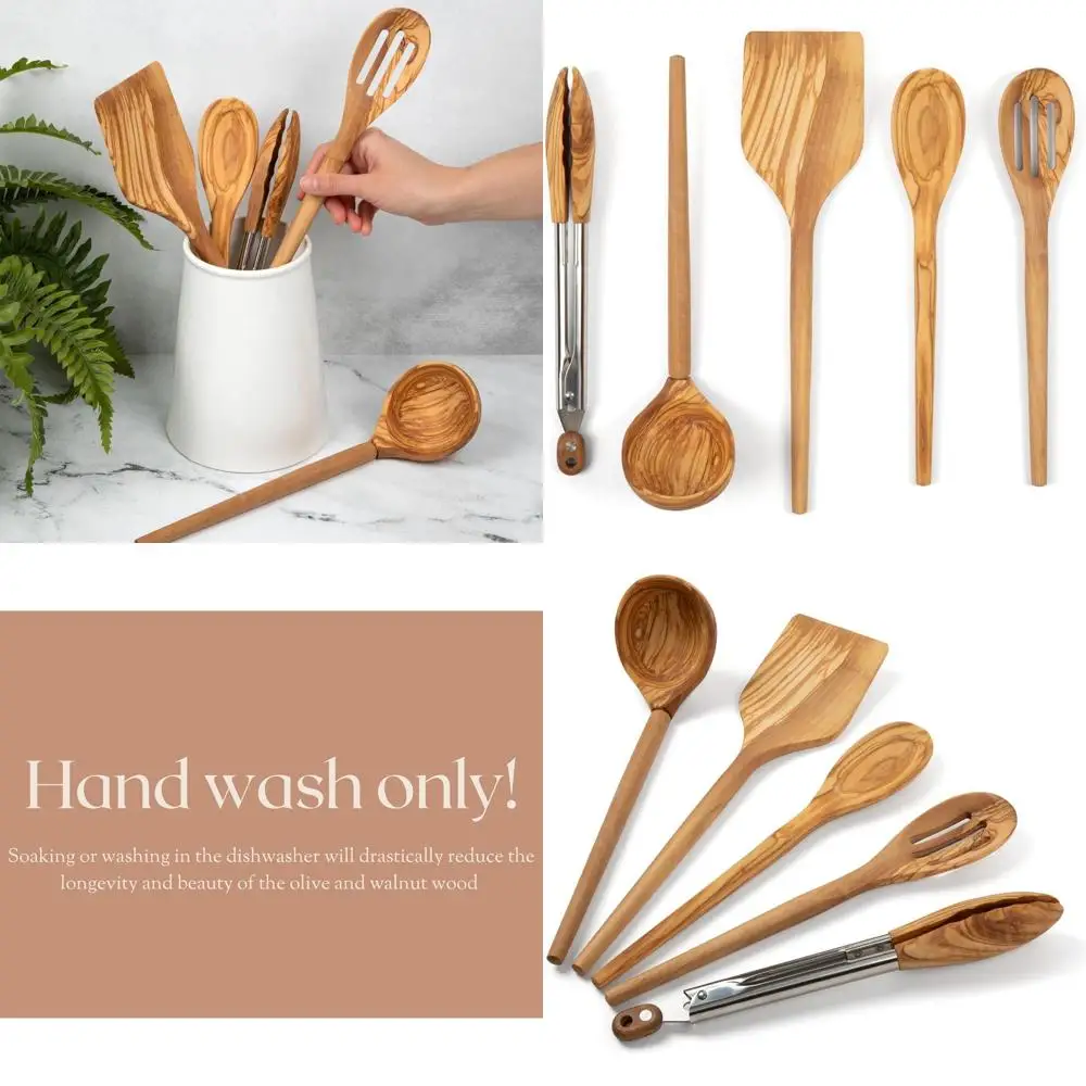 

Olive Wood 5-Piece Kitchen Utensil Set: Turner, Tongs, Slotted Spoon, Ladle, 12 Spoon - Perfect for Nonstick Pans