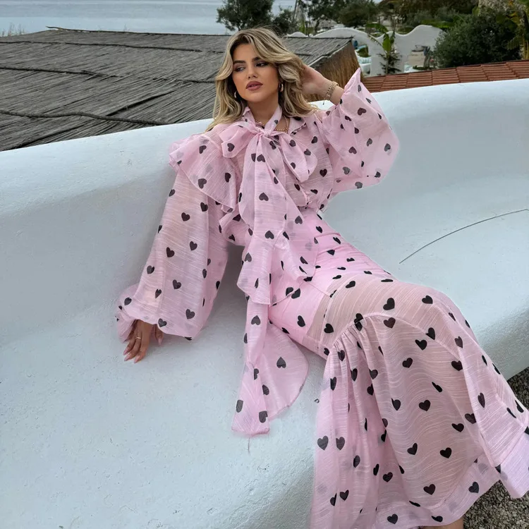 

Fashion printed stand up collar bubble sleeves Blouse+Sling suspender straps+half length skirt Women's Three Piece Skirt Set