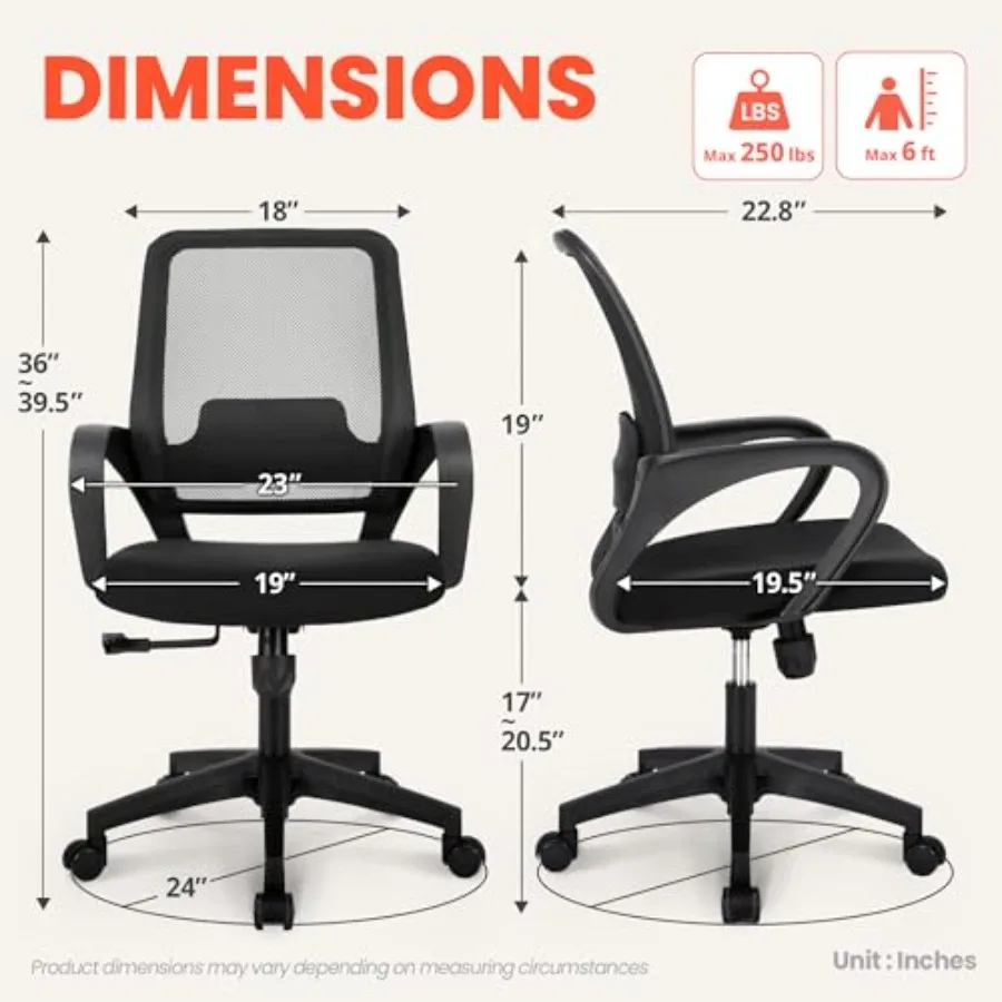 Office Desk Ergonomic Computer Mesh Chair with Lumbar Mid Back Support Adjustable Height Swivel Rolling Wheels Comfy Task Vanit