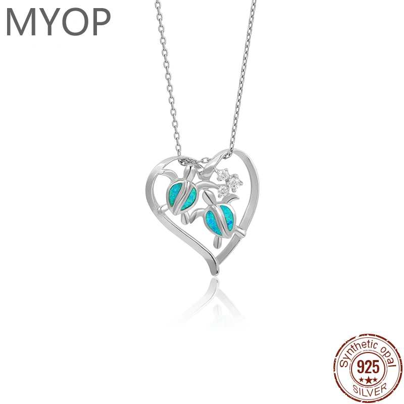 

XYOP Серебро 925 пробы, подарок, синий OPAL, кулон в форме сердца с 2 черепахами, белый циркон, 40 + 5 см, ожерелье с крестом, повседневная простая высокая мода