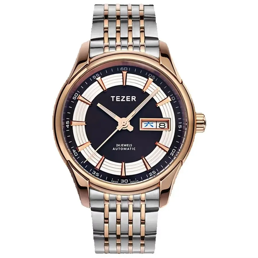 TEZER Men Automatic Watch | Two Tone Steel Band | Black Dial | Day & Date | 5ATM Waterproof Mechanical Wristwatch