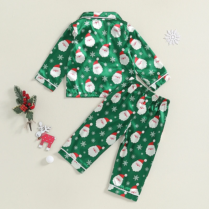 2024-06-19 Lioraitiin Kid Boy Girl Christmas Pajamas Set, Snowman Print Long Sleeve Button Down Tops Elastic Waist Pants Set