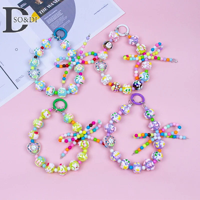 Cute Bow Hand-Painted Beaded Mobile Phone Chain Women Bagbag Pendant Cell Phone Case Anti-loss Lanyard Accessories