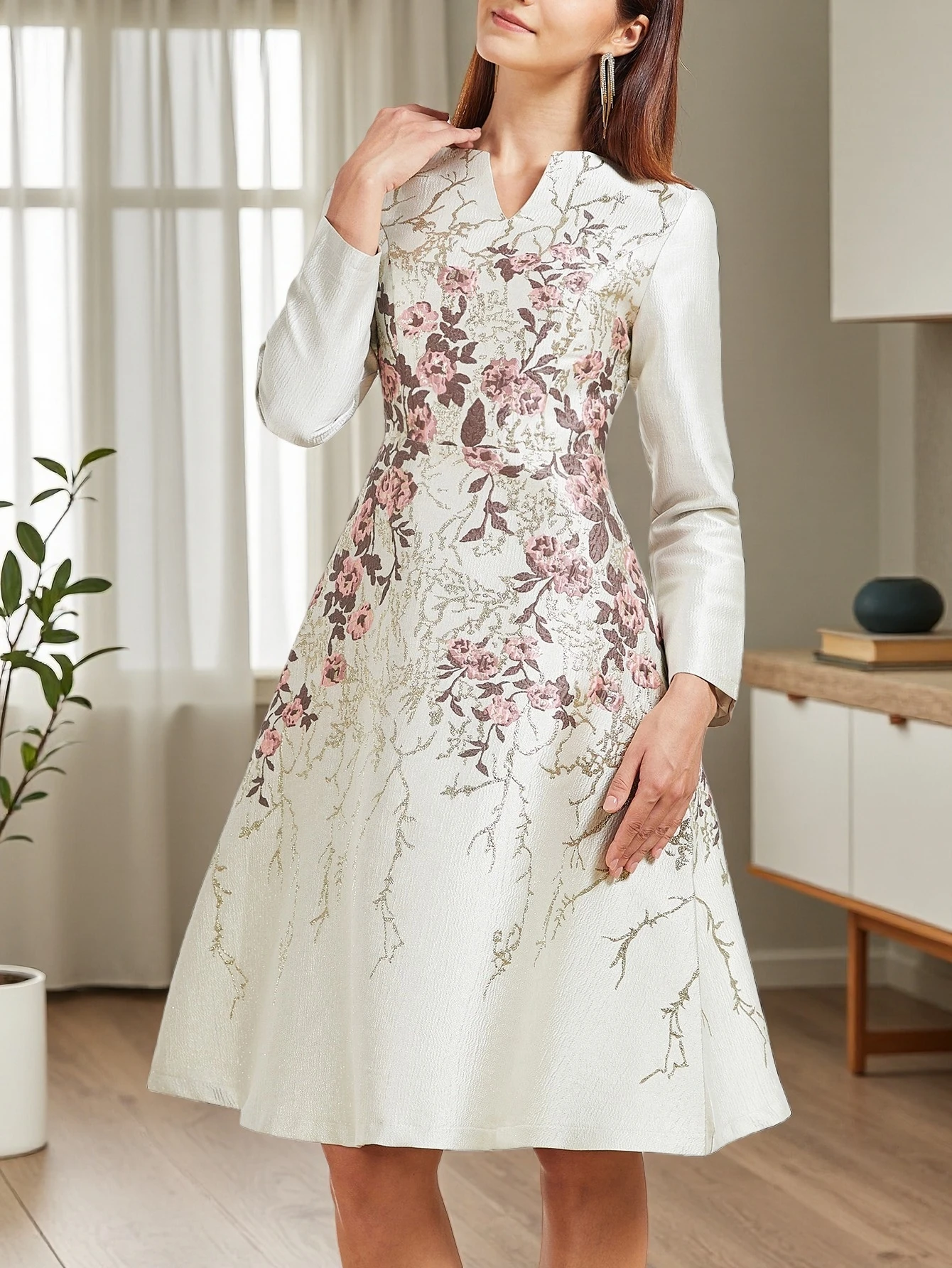 

DEVCHATA Luxury Women Jacquard Mid-calf Dress Floral Elegant Long Sleeve Autumn Party Evening Clothing Ball Gown