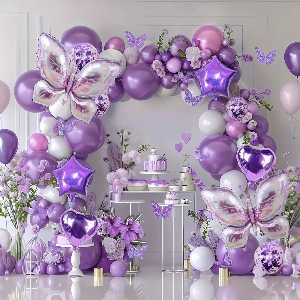 126-częściowy zestaw balonów w kształcie fioletowego motyla zawierający aluminiowe balony w kształcie motyla do dekoracji urodzinowych i ślubnych.