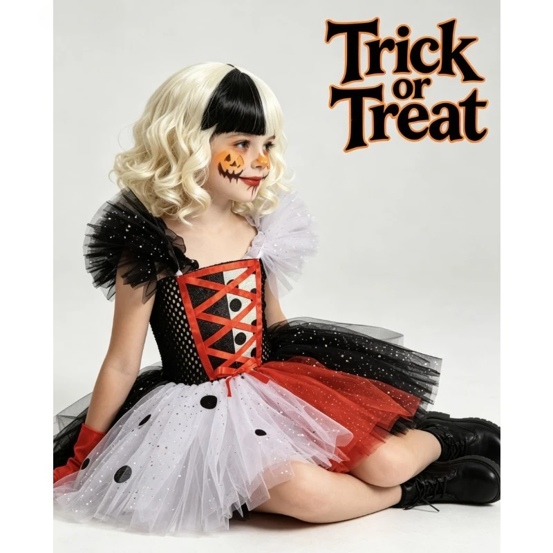 Black White Stitching Dress Kids Outfit Carnival Fancy Dress Children Halloween Role Play Costume Party Holiday Princess Apparel