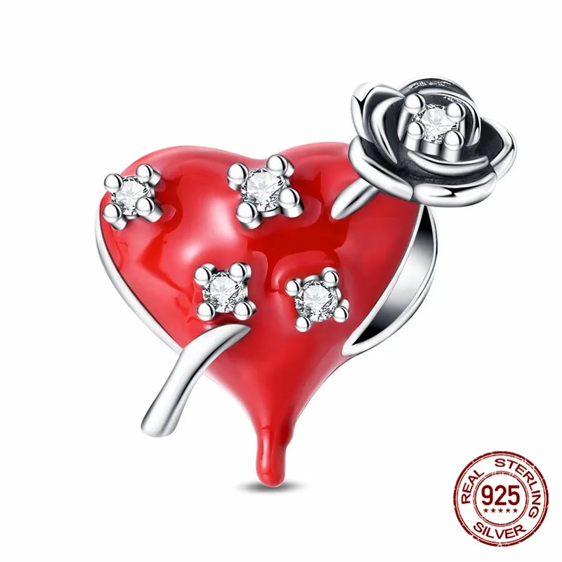 

925 Sterling Silver Red Heart-Shaped Pendant Bead Set with Zircon Paired with an Original Bracelet DIY Womens Jewelry Gift