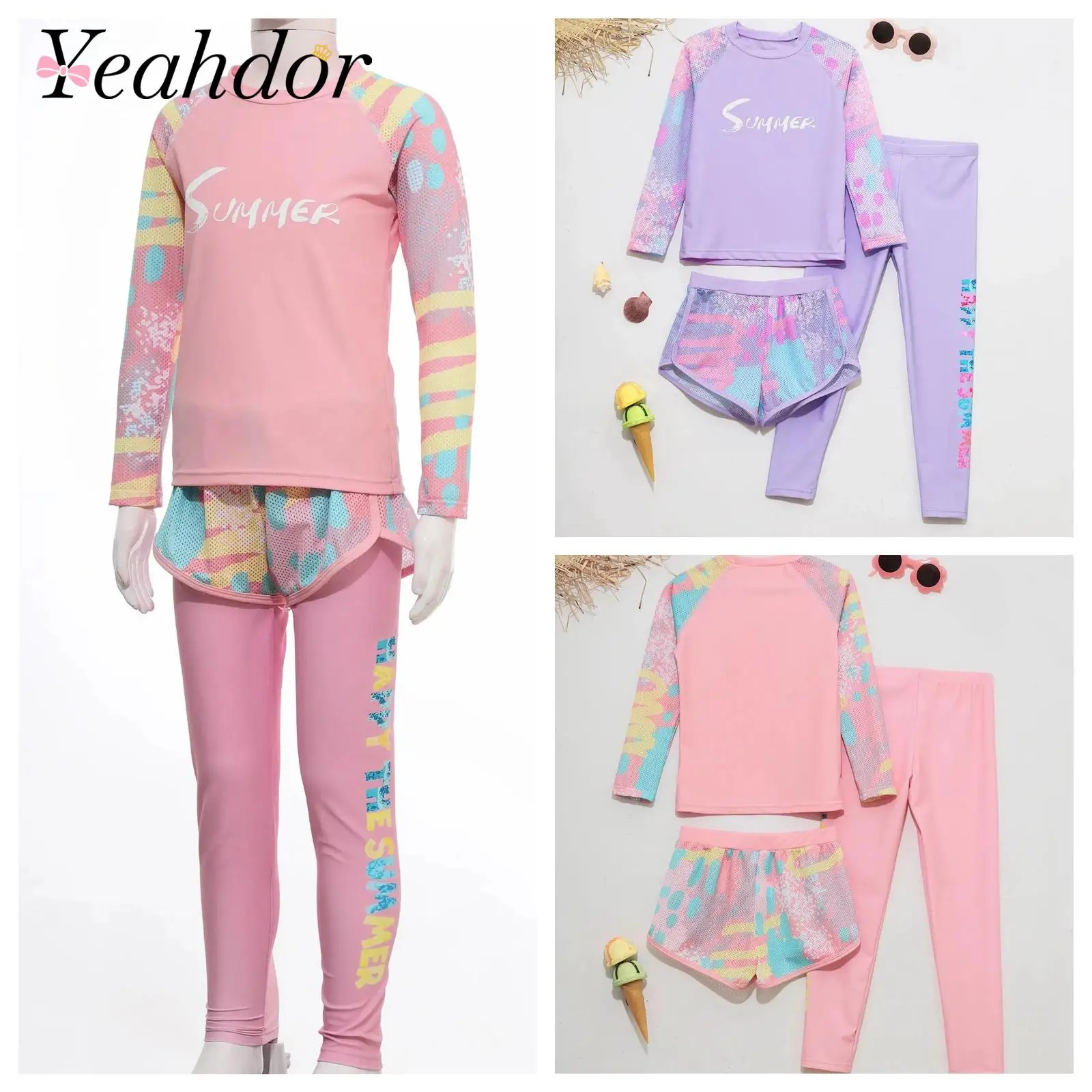 Girls Rash Guard Kids Swimsuit Swimwear Set 3Pcs Sun Protection Pool Sunsuit Outfit Long Sleeve Floral Tops Shorts Legging