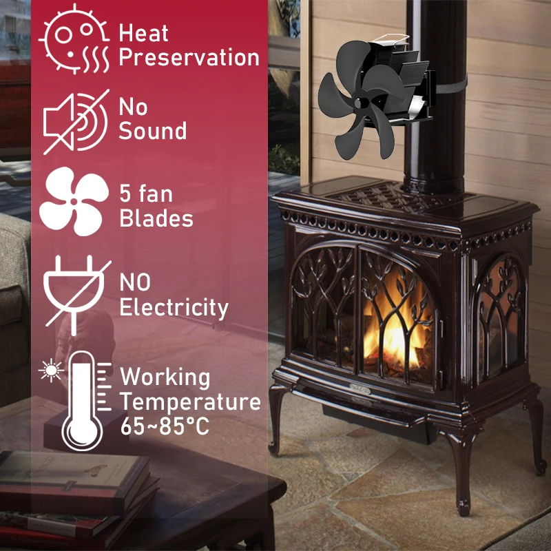 5 Blade Wall Mouted Stove Fan Heat Powered Fireplace Fan Log Wood Burner Ecofan Quiet Home Warmer Efficient Heat Distribution