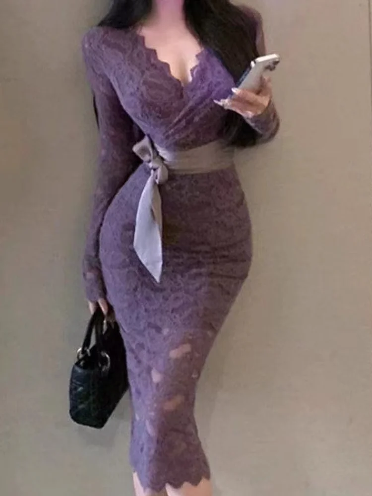 Сексуальное кружевное облегающее платье с v-образным вырезом, фиолетовая осенне-зимняя внутренняя одежда с пальто, длинная юбка с высокой талией для молодых женщин