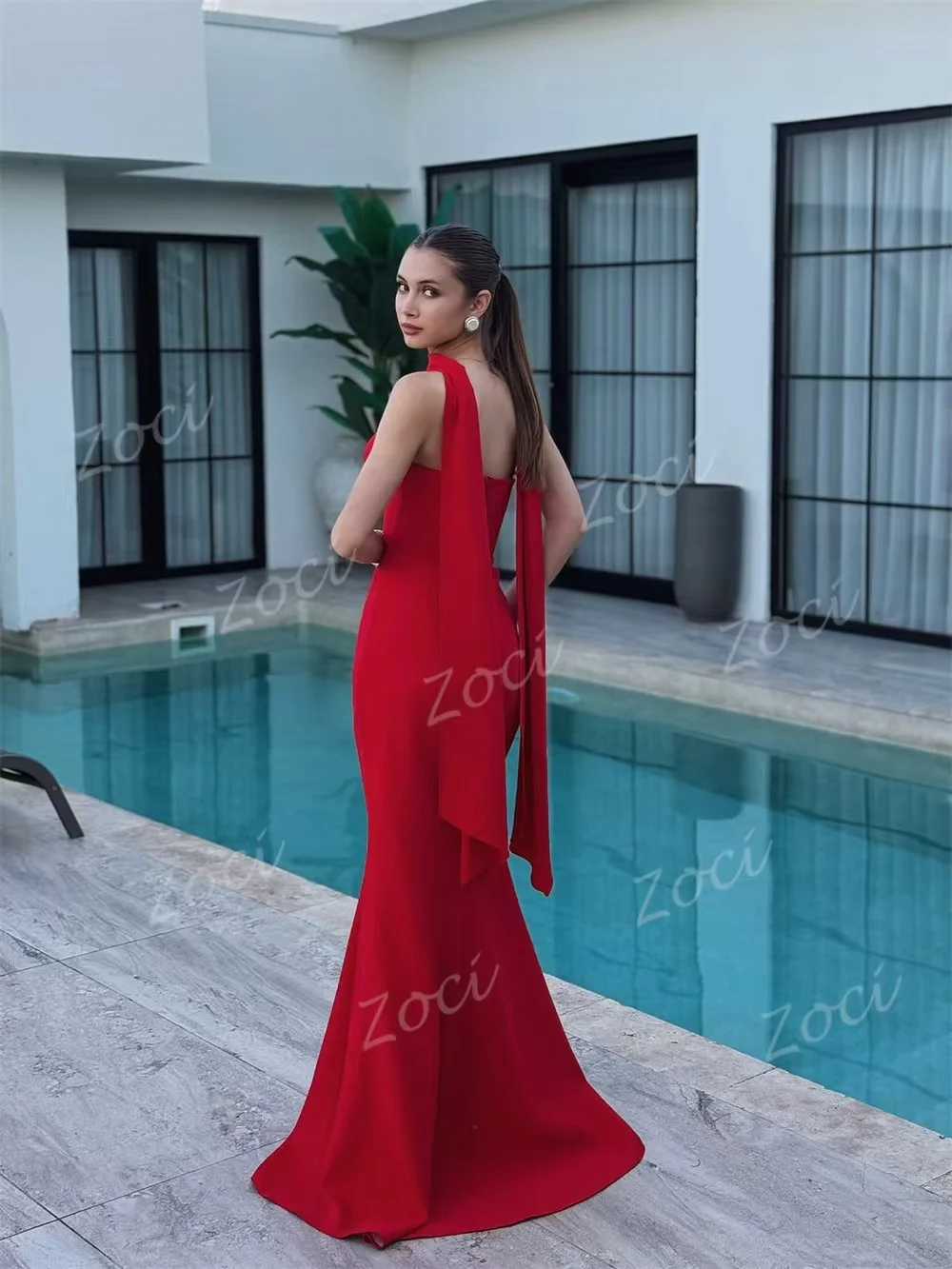 Zoci-vestidos de noche sencillos de sirena roja, vestidos de fiesta formales sin tirantes de satén elástico personalizados para mujer, vestido de dama de honor