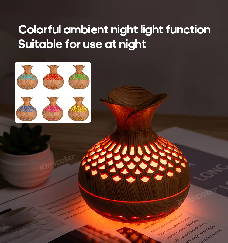 Pelembap Udara USB 300Ml, Pelembap Udara Mini Pelembap Desktop, Pelembap Bentuk Vas Berongga dengan Lampu Malam Warna-warni
