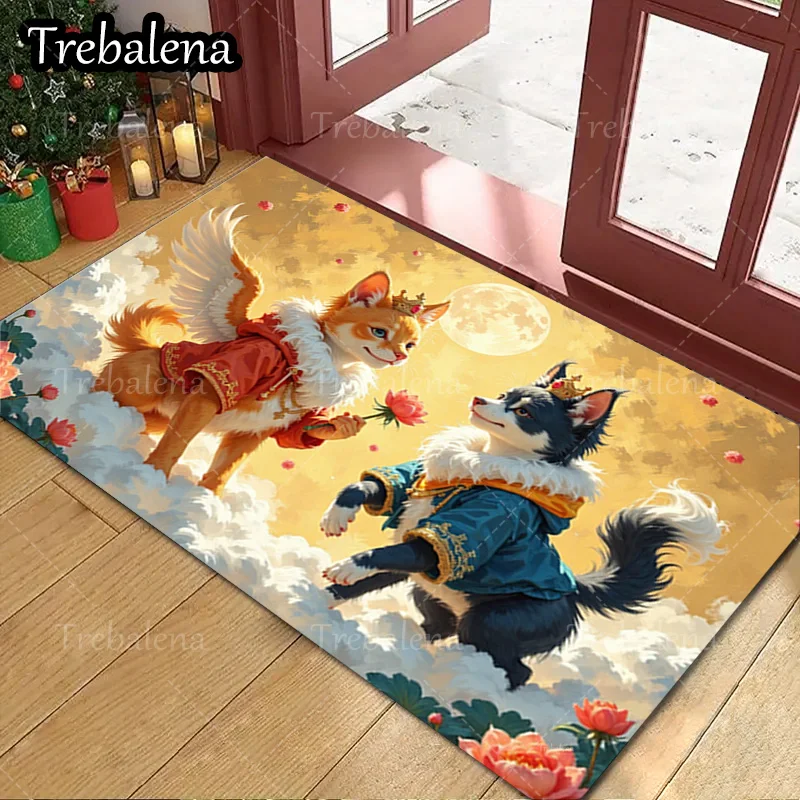 

1pc Welcome Door Mat Cute Cat and Dog in Costume Moon Night Sky Rug