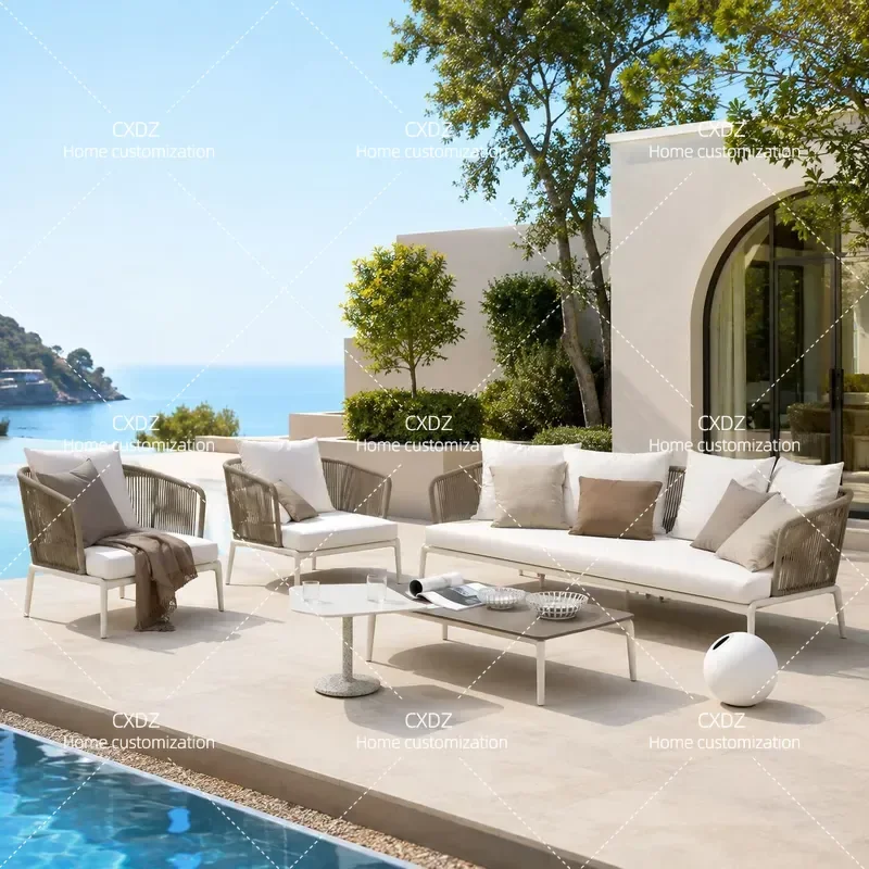 Custom Outdoor Rattan Sofa Set for Villa Courtyard Terrace Balcony Garden Leisure Wicker Chair and Coffee Table Combination