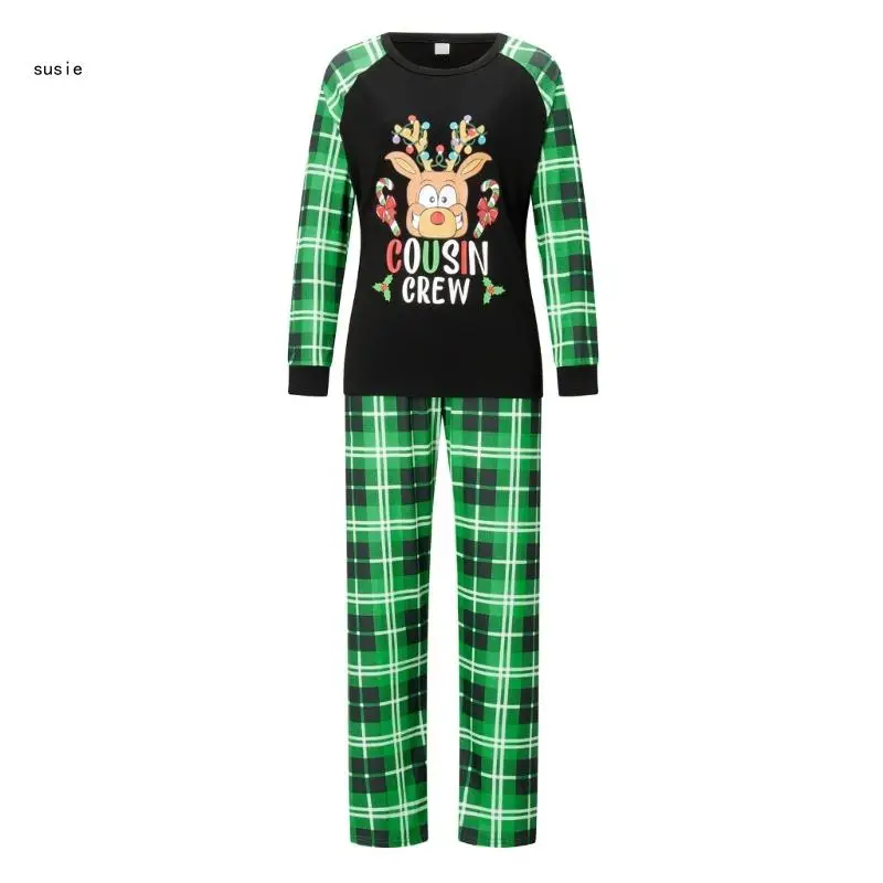 Conjunto pijama familiar com estampa veado fofo xadrez patchwork loungewear X7YA