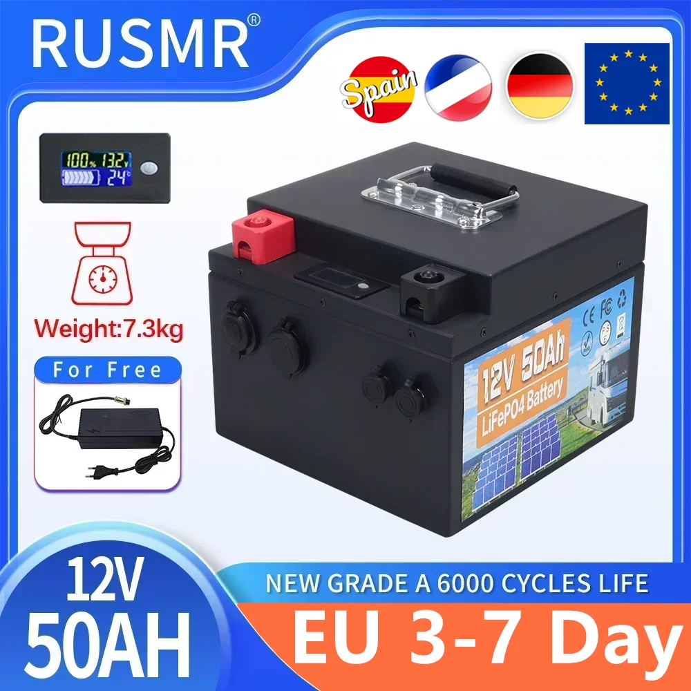 12V 50AH LiFePo4 Battery Built-in BMS Lithium Iron Phosphate Cells 6000 Cycles For RV Campers Golf Cart Solar +Charger TAX FREE