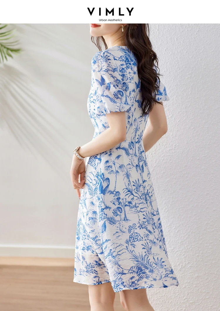 Vimly Lyocell Blend Blue Print Summer Dress for Women 2023 Short Puff Sleeve V Neck Holiday Chic Dress Female Vestidos V9530