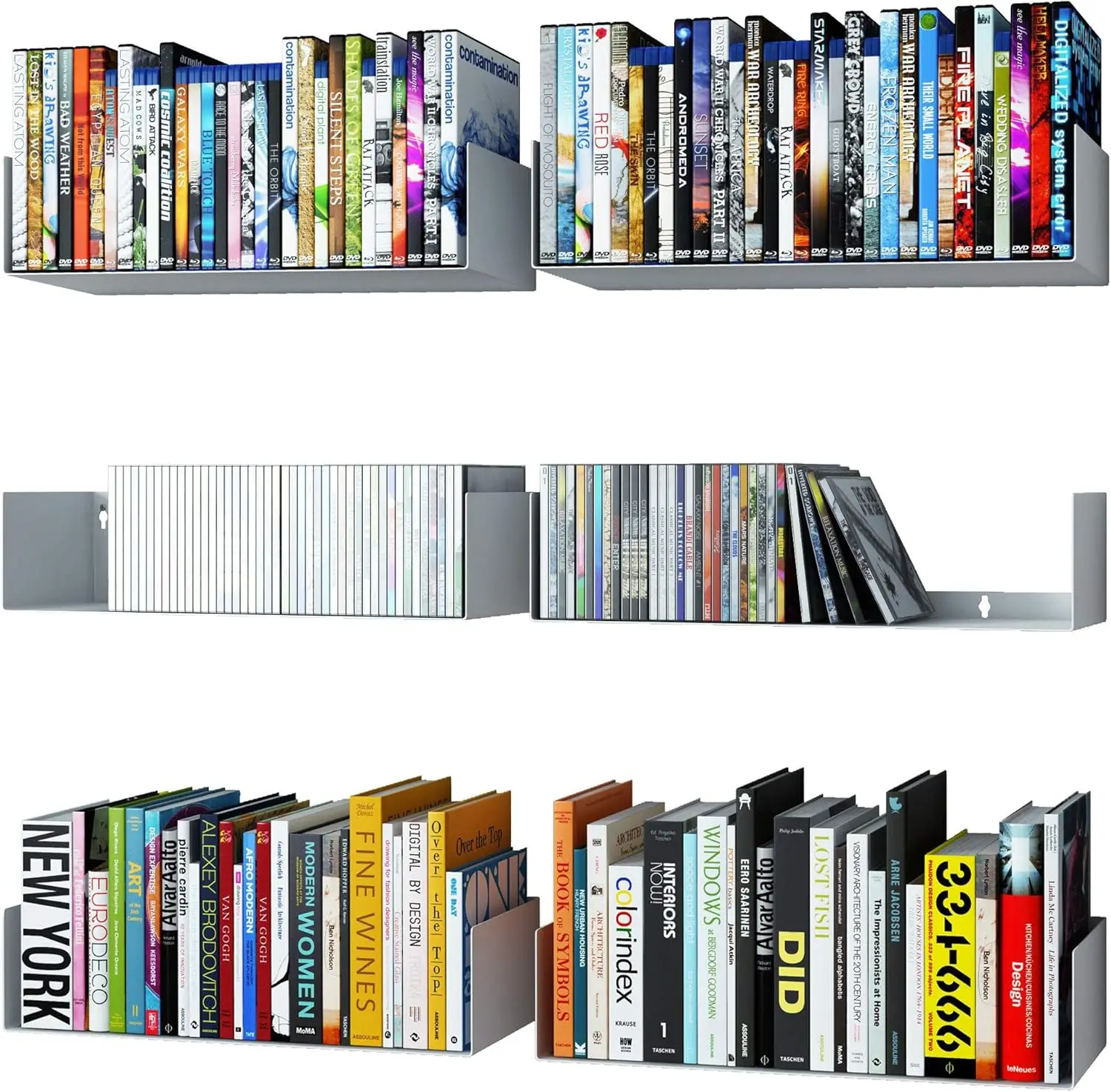 Bali White U Shape Floating Shelves for Wall, CD DVD Storage Shelves and Metal Bookshelf Set of 6