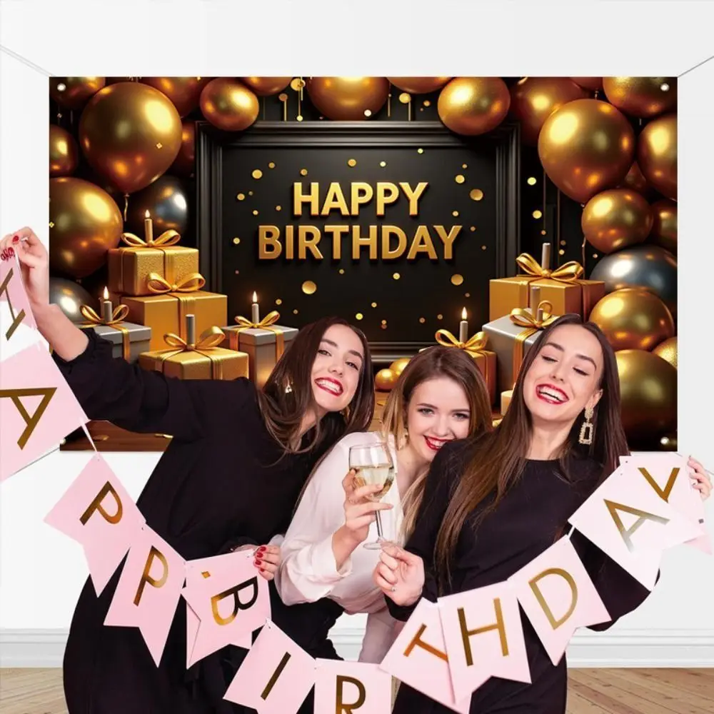 

Black Gold Birthday Party Background Celebrate Polyester Hanging Banner Poster Balloon Flower Photography Backdrops Baby Shower