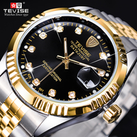 TEVISE Luxury Brand Diamond Gold Black Fashion Watch Stainless Steel Automatic Mechanical Clock Calendar Unique Gift For Men