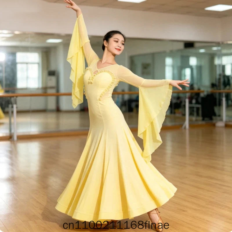 New Modern Dance Dress with Flying Sleeve Design Crystal Hemp Cotton Modern Dance Skirt 2128 Chiffon National Standard Dress
