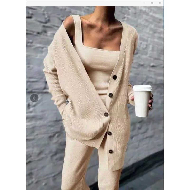 Knitted three piece women's 2024 elegant, fashionable, casual spring and autumn new style women's coat vest pants